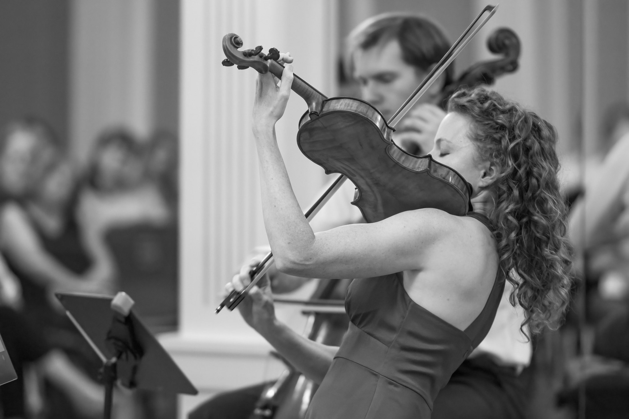 A violinist in an expressive chamber performance